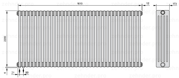 Схема (чертеж) Радиатор Zehnder Charleston 5220/35 №3370 Белый глянцевый RAL 9016